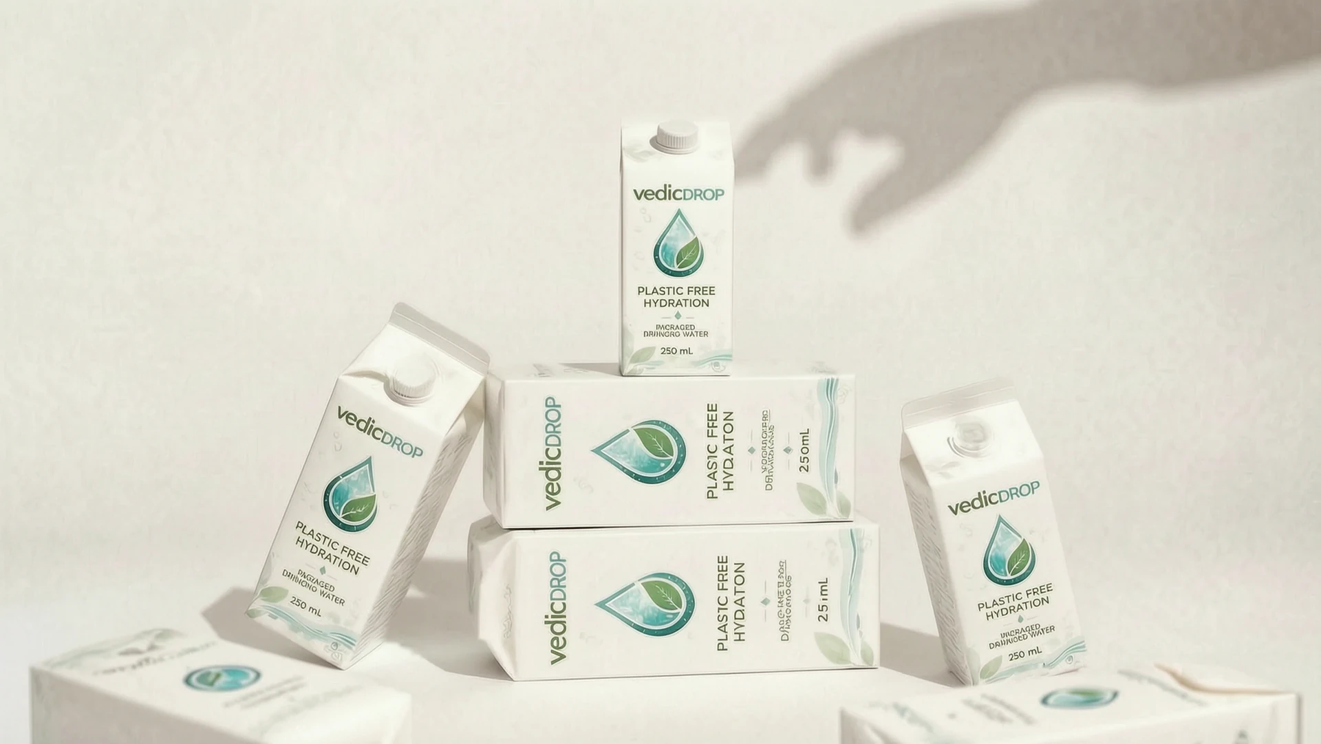 vedicDROP paper cartons in three sizes on a studio table