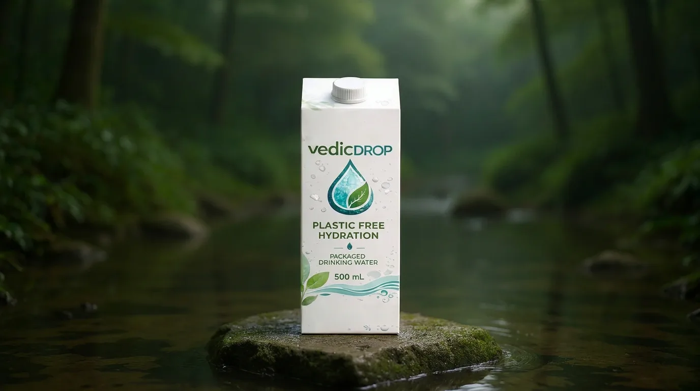 A vedicDROP 500 mL paper carton in a forest stream